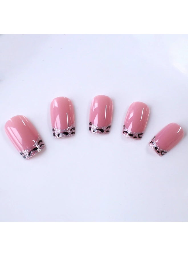 Goolsky Premium Short Square Press-on Nails with Leopard French Tip & Glitter for Edgy Chic Style - Image 3