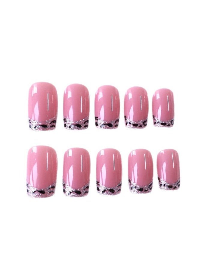Goolsky Premium Short Square Press-on Nails with Leopard French Tip & Glitter for Edgy Chic Style - Image 5