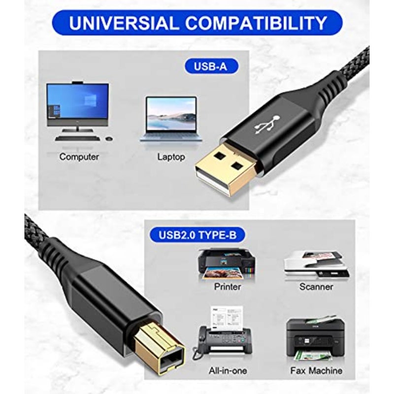 كابل الطابعة، كابل طابعة USB 2.0، كابل USB-A إلى USB-B، سلك طابعة ماسح ضوئي مجدول من النايلون عالي السرعة لـ HP Canon Dell Epson Brother Lexmark Xerox Samsung Piano DAC والمزيد - Image 2