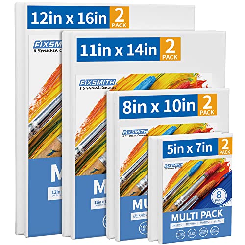 FIXSMITH Stretched Canvas, Multipack of 8, 5x7, 8x10, 11x14 & 12x16 Inches - 2 of Each, 100% Cotton, 8 oz Gesso-Primed, Art Supplies for Acrylic and Oil Painting. - Image 1