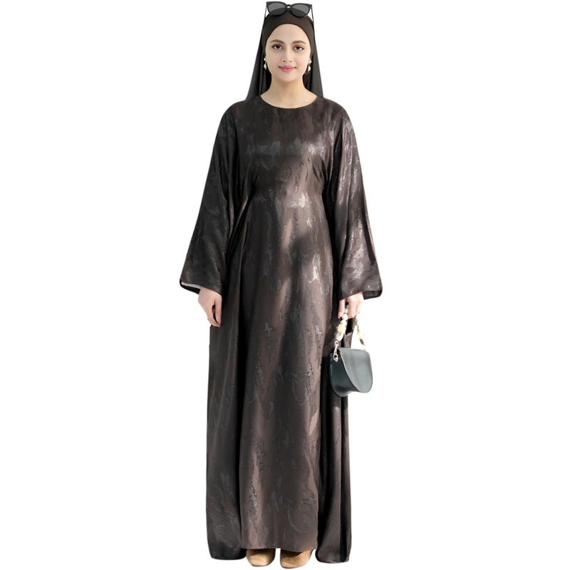 khalat Abaya Muslim Dress Women Satin Jacquard Prayer Dress Batwing Long Sleeve Islamic Dubai Robe with Chiffon Hijab Coffee - Image 2