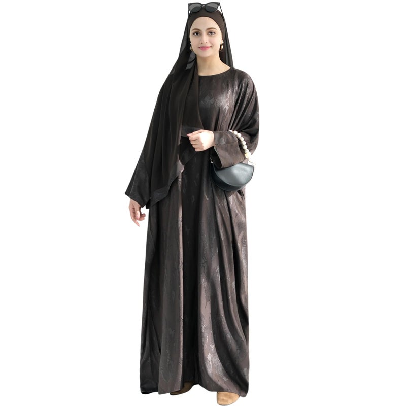 khalat Abaya Muslim Dress Women Satin Jacquard Prayer Dress Batwing Long Sleeve Islamic Dubai Robe with Chiffon Hijab Coffee - Image 4