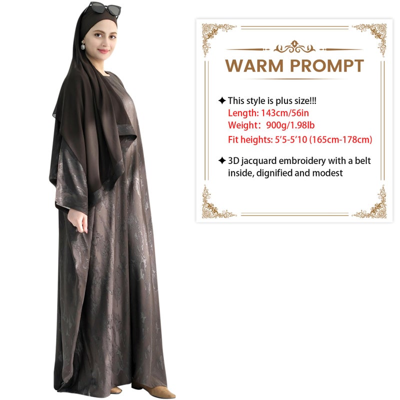 khalat Abaya Muslim Dress Women Satin Jacquard Prayer Dress Batwing Long Sleeve Islamic Dubai Robe with Chiffon Hijab Coffee - Image 3