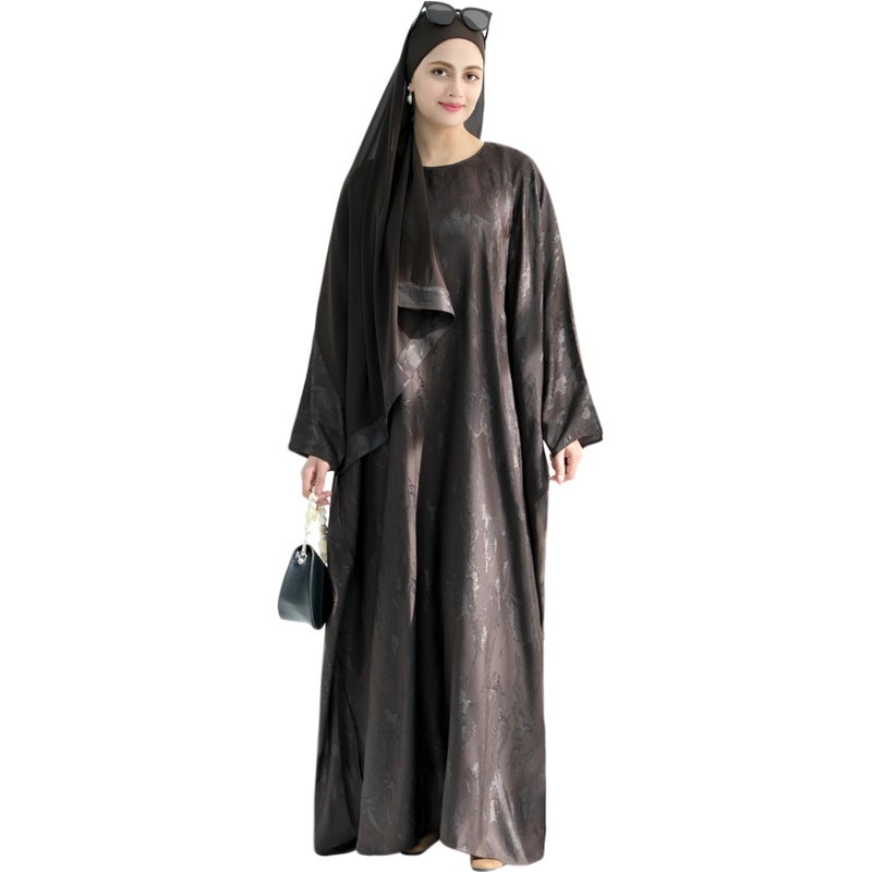khalat Abaya Muslim Dress Women Satin Jacquard Prayer Dress Batwing Long Sleeve Islamic Dubai Robe with Chiffon Hijab Coffee - Image 1