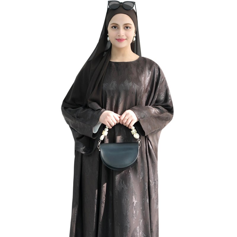khalat Abaya Muslim Dress Women Satin Jacquard Prayer Dress Batwing Long Sleeve Islamic Dubai Robe with Chiffon Hijab Coffee - Image 5