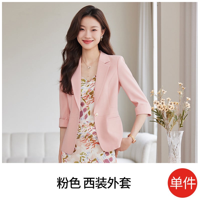 Spring New Korean Style Business Wear Womens Seven-point Sleeve Suit Slim-fit Suit Jacket Work Clothes Dress SY8812 Pink Suit 