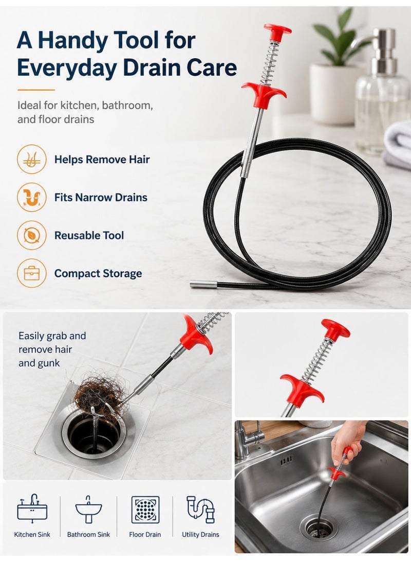 Drain Cleaner Tool | 2m Flexible Spring Clog Remover | Sink Pipe Hair Removal Snake With Claw Grabber For Kitchen Bathroom Floor Drain - Image 2