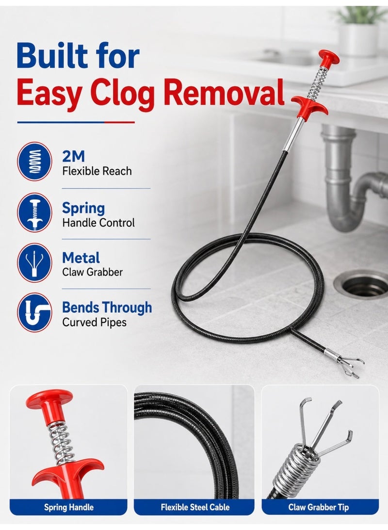 Drain Cleaner Tool | 2m Flexible Spring Clog Remover | Sink Pipe Hair Removal Snake With Claw Grabber For Kitchen Bathroom Floor Drain - Image 3