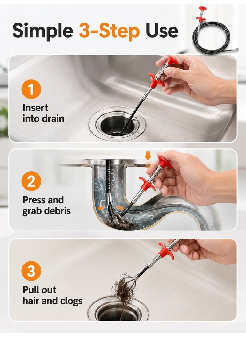 Drain Cleaner Tool | 2m Flexible Spring Clog Remover | Sink Pipe Hair Removal Snake With Claw Grabber For Kitchen Bathroom Floor Drain - Image 5
