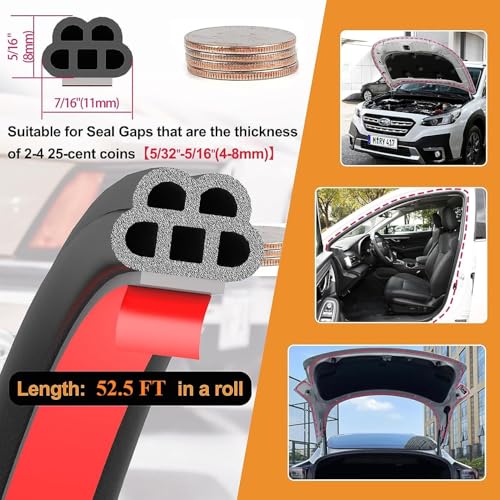 YSIL Car Door Seal Strip 525ft Universal Automotive Weather Stripping Rubber Double Layer 5Hole Self Adhesive Soundproofing Weatherstrip Sealing Strip for Car Rv Hood Cover Tailgate - Image 3
