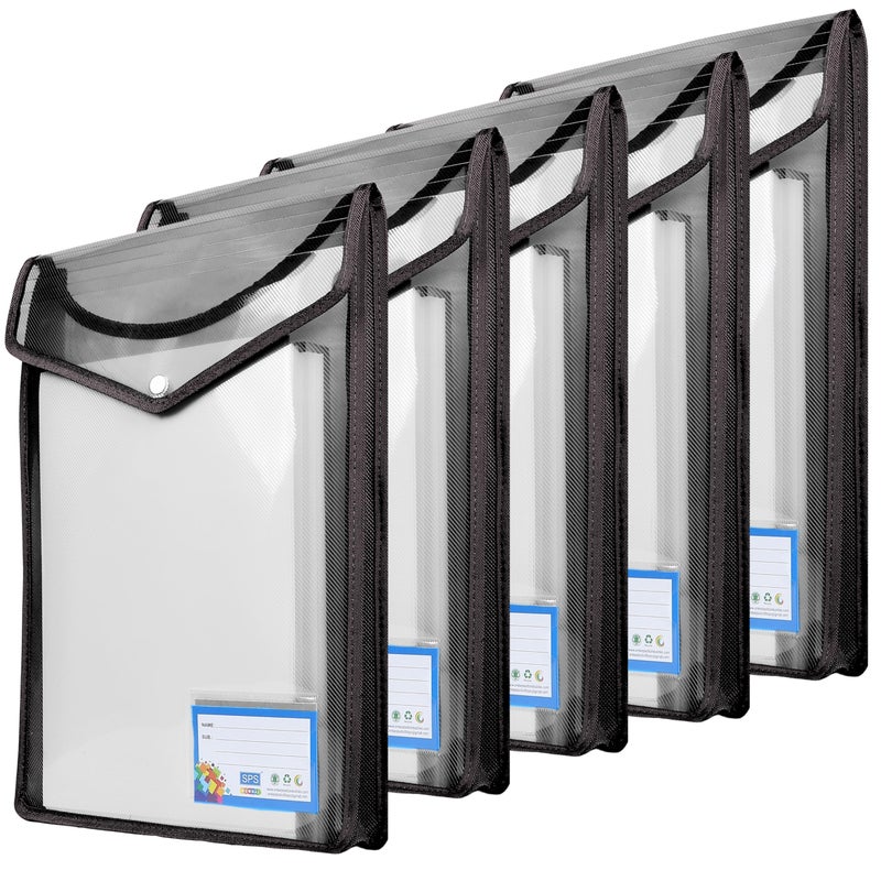 SPS File Folder, Vertical Poly-Plastic A4/Foolscap Transparent Documents File Storage Bag with Snap Button Set of 5/Certificate File Folder (Vertical, Black, Pack of 5) - Image 2