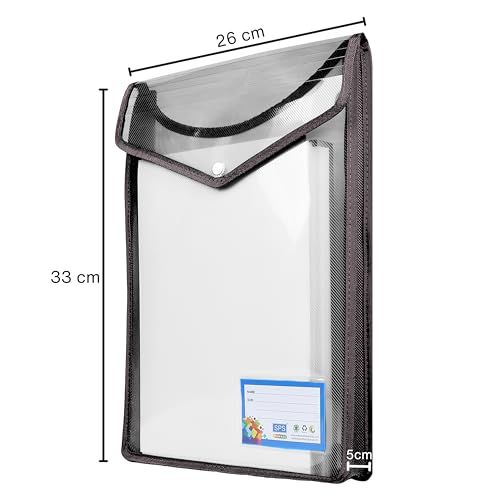 SPS File Folder, Vertical Poly-Plastic A4/Foolscap Transparent Documents File Storage Bag with Snap Button Set of 5/Certificate File Folder (Vertical, Black, Pack of 5) - Image 3