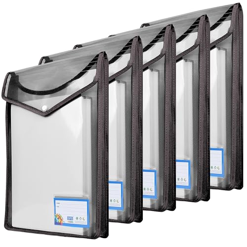 SPS File Folder, Vertical Poly-Plastic A4/Foolscap Transparent Documents File Storage Bag with Snap Button Set of 5/Certificate File Folder (Vertical, Black, Pack of 5) - Image 1