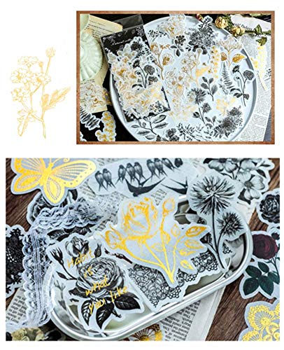 DESEACO Vintage Zen Botany Flower Washi Sticker Pack, Artsy Natural Black-and-White Plants with Golden Sketch Decals Collection, Wild Plants Gray and Gold Set – 120 Pcs - Image 4