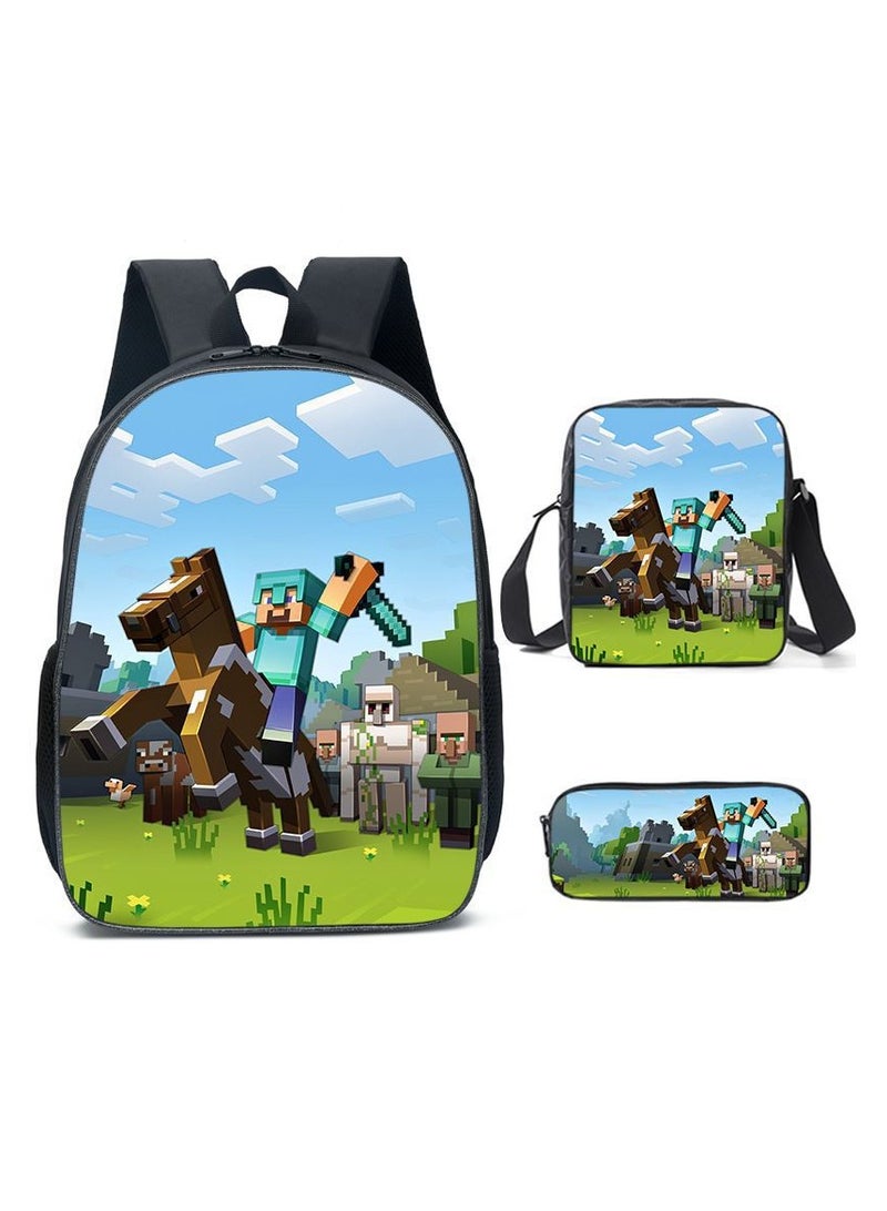 ماين كرافت حقيبة ظهر ذات طباعة رقمية ذات سعة كبيرة، مجموعة من ثلاث قطع، حقيبة غداء، حقيبة قلم، بوليستر، حقيبة ظهر مريحة لتقليل الحمل للطلاب والأطفال للجنسين - Image 1