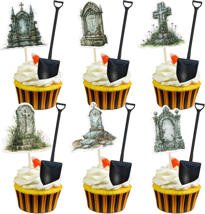 Ephlyn 36Pcs Halloween Cupcake Toppers and 36Pcs Mini Shovel Spoons Tombstones Graveyard Cake Decorations for Halloween Theme Kids Birthday Party Supplies - Image 1
