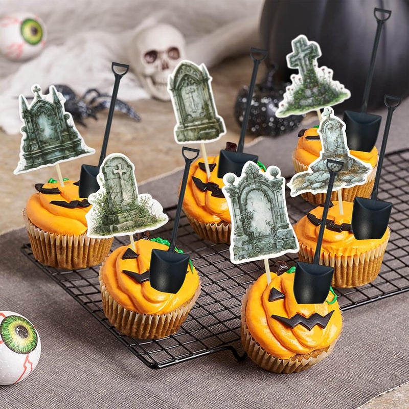 Ephlyn 36Pcs Halloween Cupcake Toppers and 36Pcs Mini Shovel Spoons Tombstones Graveyard Cake Decorations for Halloween Theme Kids Birthday Party Supplies - Image 4