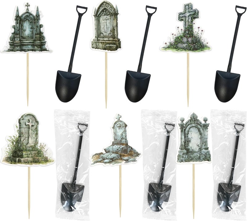 Ephlyn 36Pcs Halloween Cupcake Toppers and 36Pcs Mini Shovel Spoons Tombstones Graveyard Cake Decorations for Halloween Theme Kids Birthday Party Supplies - Image 3