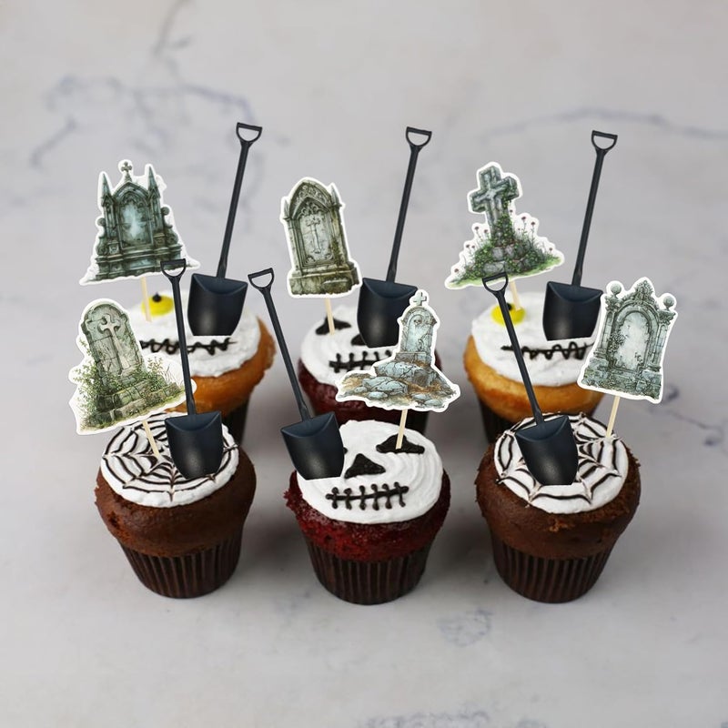 Ephlyn 36Pcs Halloween Cupcake Toppers and 36Pcs Mini Shovel Spoons Tombstones Graveyard Cake Decorations for Halloween Theme Kids Birthday Party Supplies - Image 5