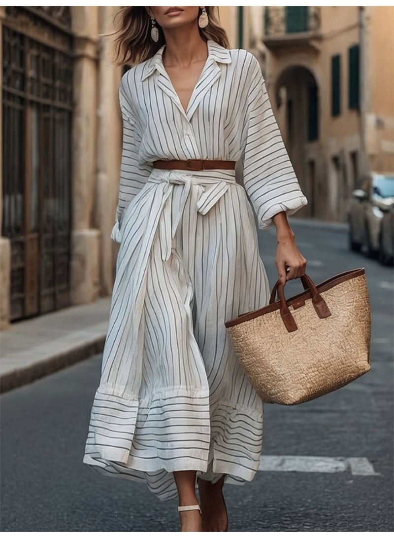 Long Sleeves Loose Belted Buttoned Striped Notched Collar Midi Dresses Shirt Dress