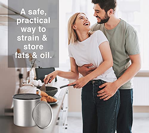 Oggi Stainless Steel Jumbo Grease Container with Removable Strainer and Snug Lid. Perfect container for fryer oil, bacon drippings, lard and ghee oil. Large capacity can - 1 Gall / 4 Qt / 3.75 Lt - Image 2