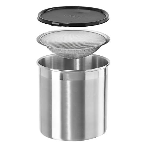 Oggi Stainless Steel Jumbo Grease Container with Removable Strainer and Snug Lid. Perfect container for fryer oil, bacon drippings, lard and ghee oil. Large capacity can - 1 Gall / 4 Qt / 3.75 Lt - Image 1