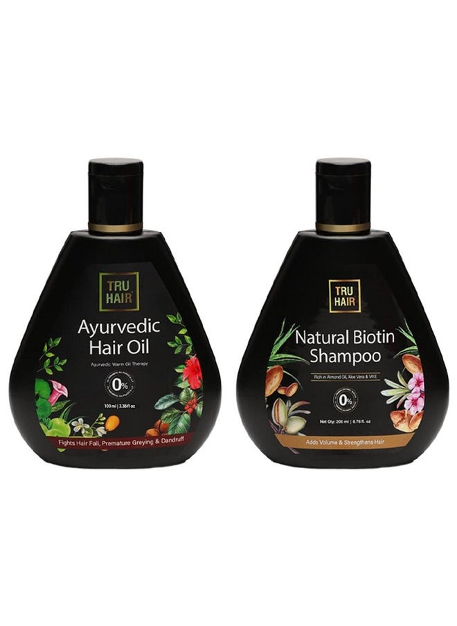 TRU HAIR Ayurvedic Hair Oil With Bhringraj, Amla & Hibiscus For Dandruff, Hair Fall Control, Hair Growth & Shiny Hair (Hair Oil (100Ml) + Bition Shampoo) | True Hair Combo  - Image 1