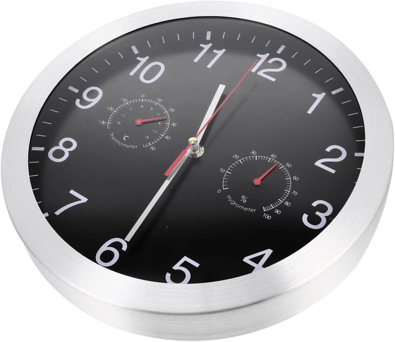 Metal 12-inch Wall Clock Thermometer Hygrometer, Silent Non-Ticking Hanging Clock for Home and Office, Modern Black Temperature and Humidity Monitor - Image 1