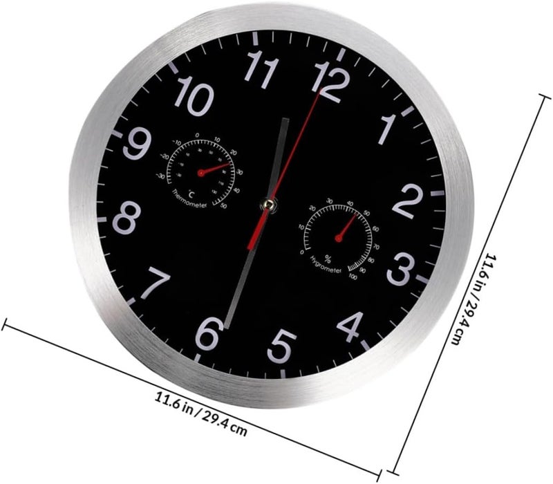 Metal 12-inch Wall Clock Thermometer Hygrometer, Silent Non-Ticking Hanging Clock for Home and Office, Modern Black Temperature and Humidity Monitor - Image 2