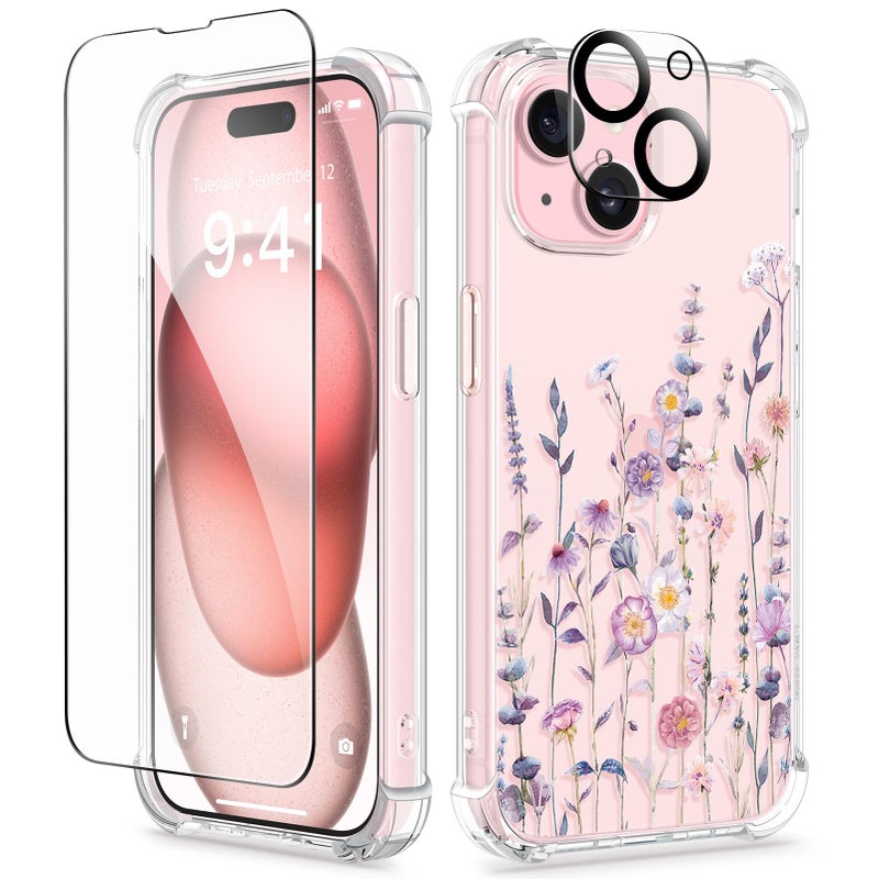 GVIEWIN for iPhone 15 Plus Case Floral, with Screen Protector&Camera Lens Protector,[Non Yellowing] Soft Shockproof Clear Phone Protective Cover for Women, Flower Pattern 6.7" (Floratopia/Colorful) - Image 1