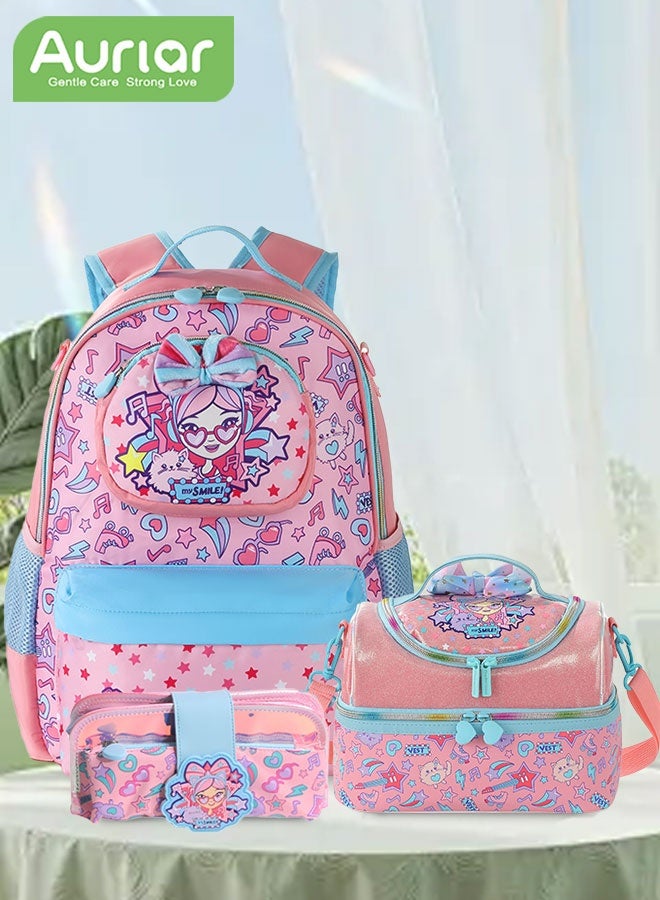 الأورلار طقم حقيبة مدرسية للبنات 3 قطع – حقيبة ظهر خفيفة ومقاومة للماء مع حقيبة غداء وحافظة أقلام، تتسع لجهاز كمبيوتر 15.6 بوصة، مثالية للمدرسة والرحلات - Image 1