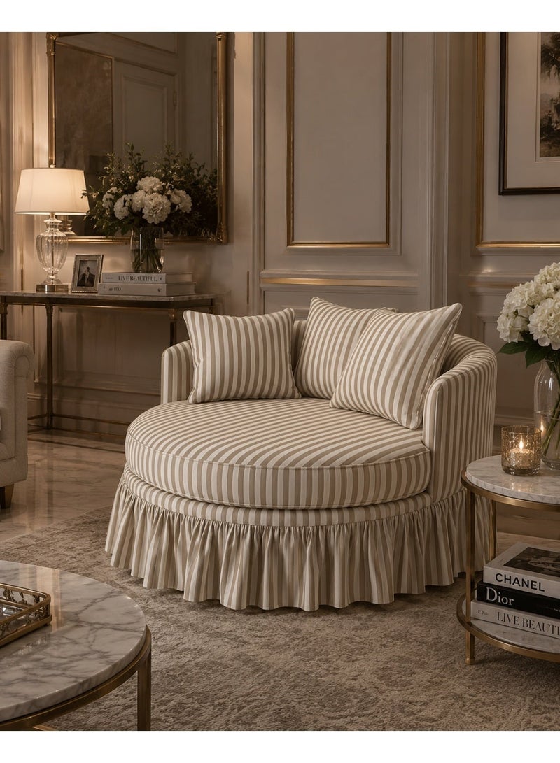 Modern round chair with light brown stripes, cotton fabric, Swedish wood frame - Image 1