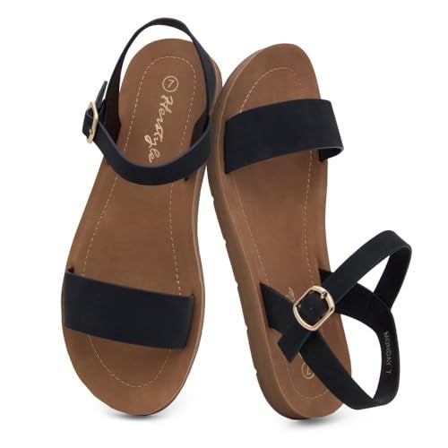 Herstyle Flat Sandals for Women – Open Toe One Band Ankle Strap Summer Dressy Sandals, Lightweight Casual Strappy Slip-On Flats with Adjustable Buckle, Black, Size 7.0, Monday - Image 2