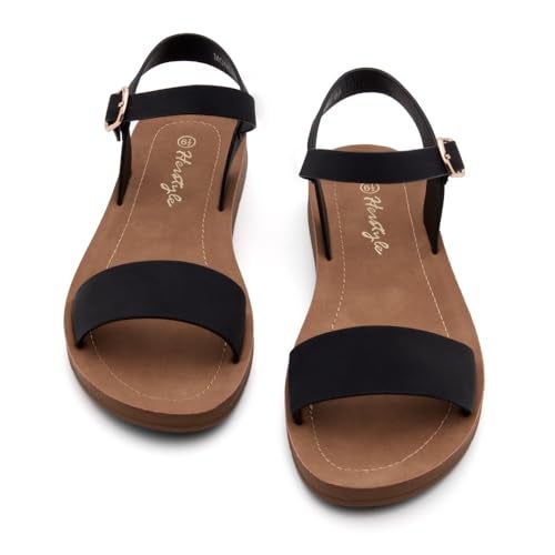 Herstyle Flat Sandals for Women – Open Toe One Band Ankle Strap Summer Dressy Sandals, Lightweight Casual Strappy Slip-On Flats with Adjustable Buckle, Black, Size 7.0, Monday - Image 5