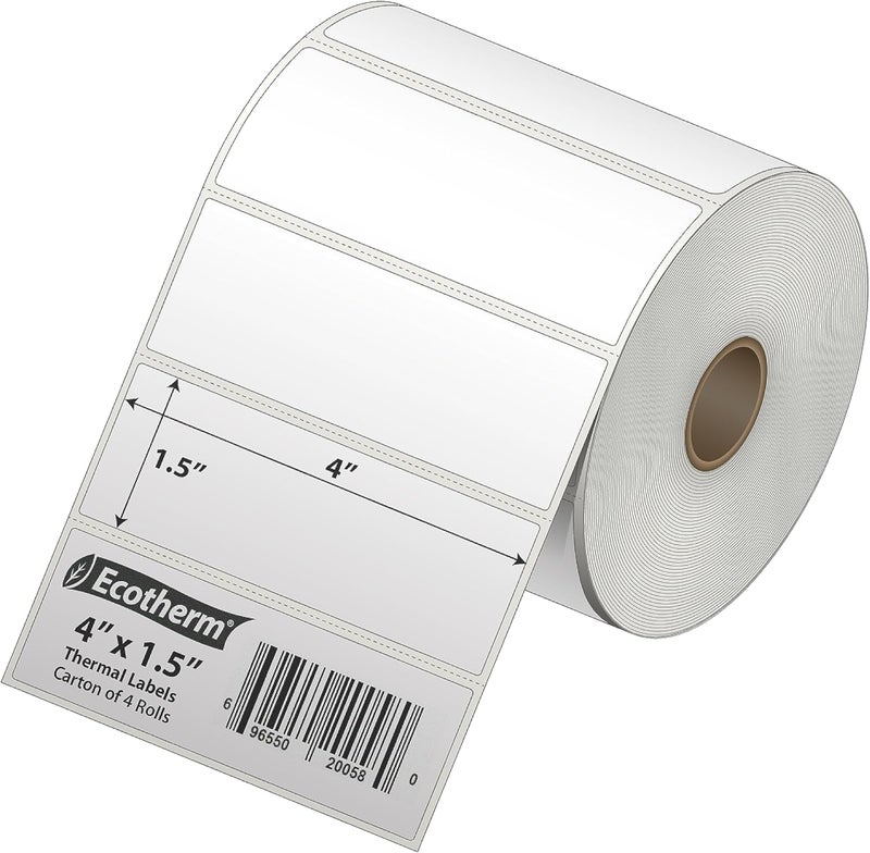 Ecotherm 4" x 1.5" Thermal Labels | 4 Rolls | 3940 Labels | fits Zebra, Munbyn, Rollo, Godex, Arkscan, iDPRT, Offnova Thermal Label Printers and More | Blank White Adhesive Stickers by - Image 2