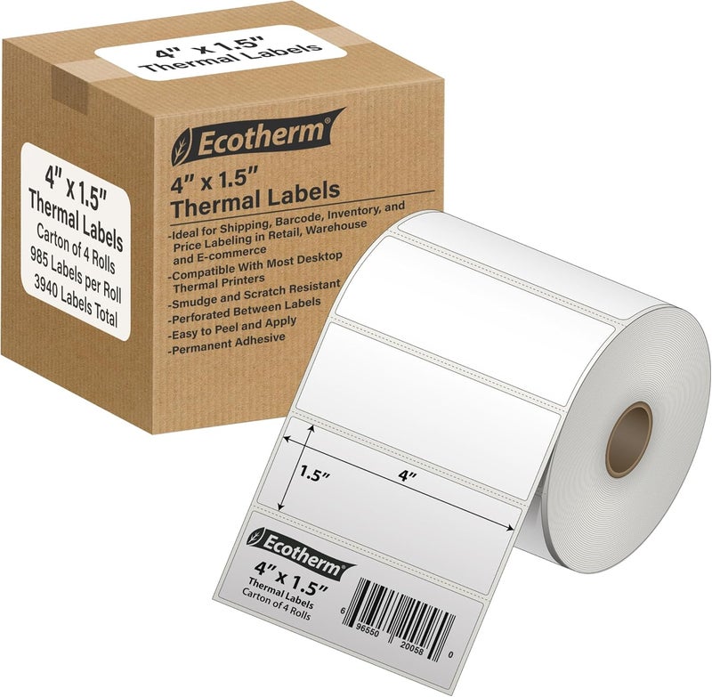 Ecotherm 4" x 1.5" Thermal Labels | 4 Rolls | 3940 Labels | fits Zebra, Munbyn, Rollo, Godex, Arkscan, iDPRT, Offnova Thermal Label Printers and More | Blank White Adhesive Stickers by - Image 1