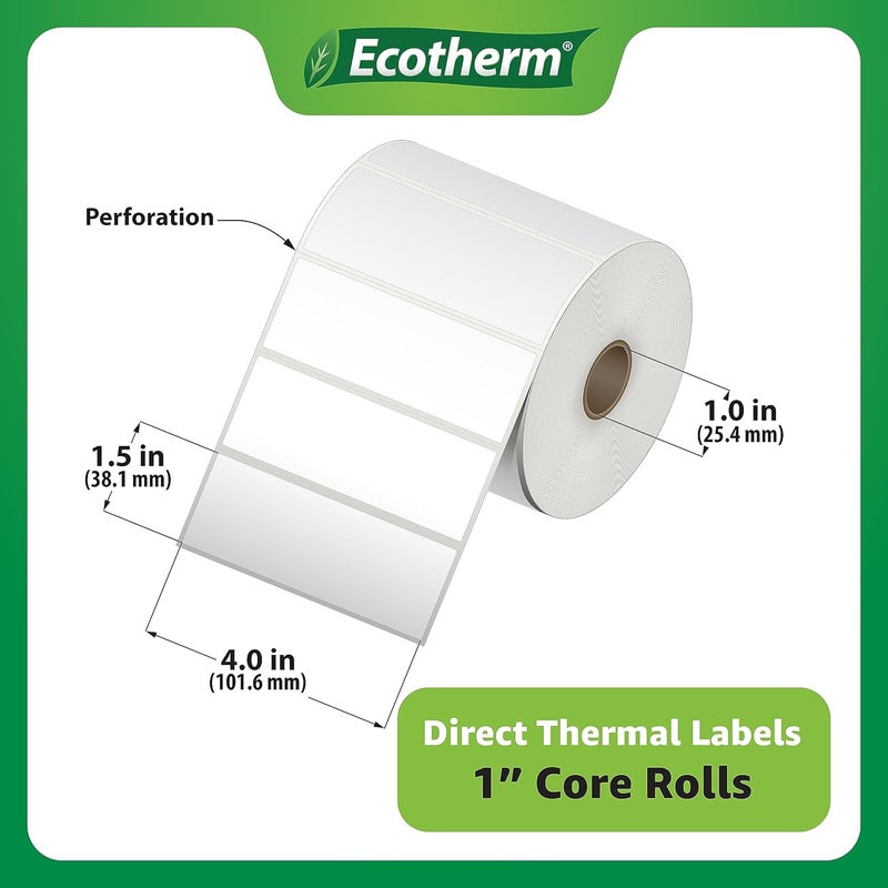 Ecotherm 4" x 1.5" Thermal Labels | 4 Rolls | 3940 Labels | fits Zebra, Munbyn, Rollo, Godex, Arkscan, iDPRT, Offnova Thermal Label Printers and More | Blank White Adhesive Stickers by - Image 3