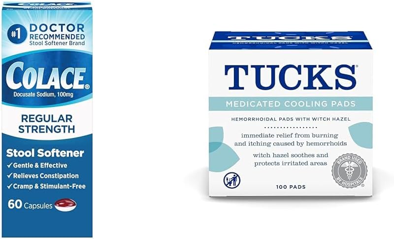 Colace Regular Strength Stool Softener 100 mg Capsules 60 Count Docusate Sodium Stool Softener  TUCKS Medicated Cooling Pads 100 Count  Pads with Witch Hazel Cleanses Sensitive Areas Protects - Image 1