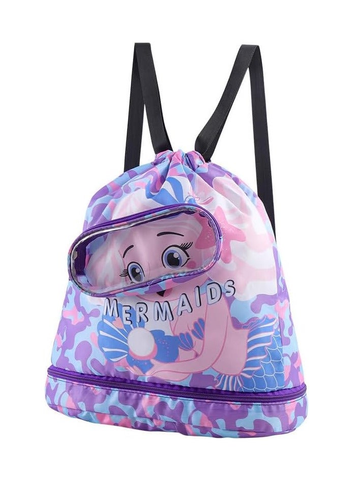 AUTOYSUR Swimming Backpack for Kids Dry and Wet Separation Waterproof Storage Bag Portable Drawstring Backpack for Gym Sports Beach Pool Gear Bag (Mermaid) - Image 1