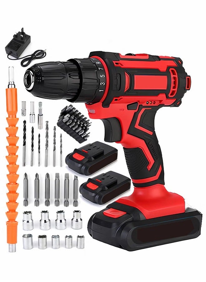 Cordless Drill, Two Li-Ion Batteries and Fast Charger, 3/8" Drill Kit, 25+3 Position Clutch, LED Work Light, Variable Speed ​​Drill, 186 lbs of Torque, 24 Accessories + 32-Piece Bit Box  - Image 1