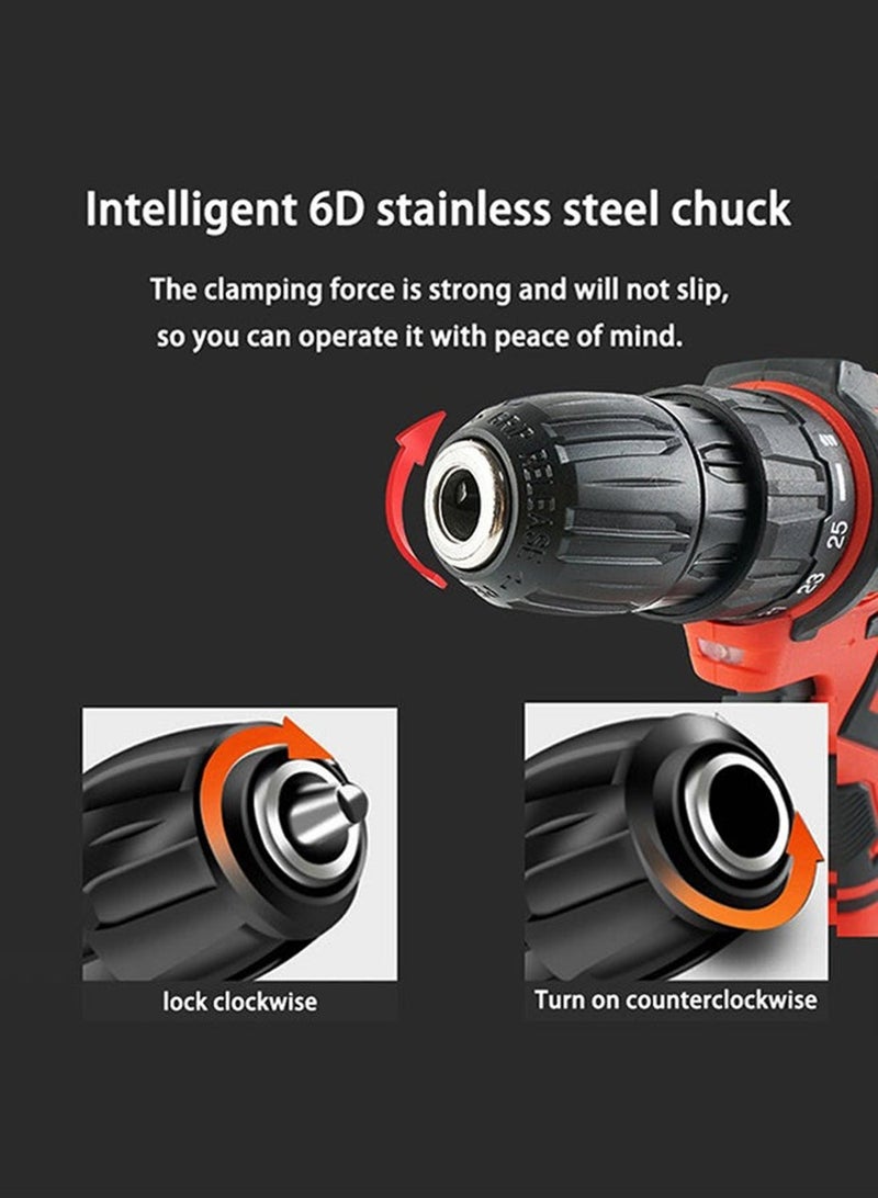 Cordless Drill, Two Li-Ion Batteries and Fast Charger, 3/8" Drill Kit, 25+3 Position Clutch, LED Work Light, Variable Speed ​​Drill, 186 lbs of Torque, 24 Accessories + 32-Piece Bit Box  - Image 5
