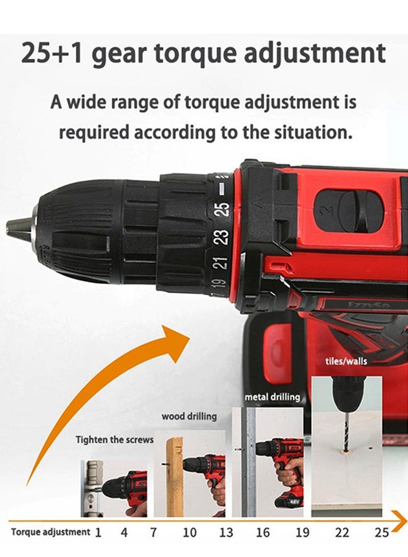 Cordless Drill, Two Li-Ion Batteries and Fast Charger, 3/8" Drill Kit, 25+3 Position Clutch, LED Work Light, Variable Speed ​​Drill, 186 lbs of Torque, 24 Accessories + 32-Piece Bit Box  - Image 4