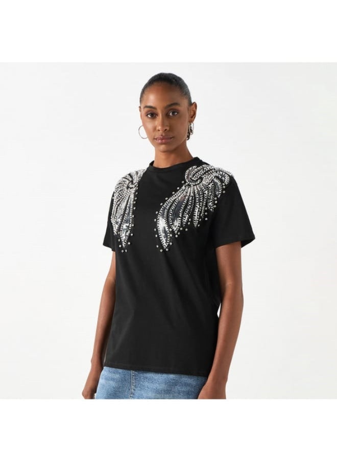 2Xtremz - 2Xtremz Embellished Crew Neck T-shirt with Short Sleeves - Image 1