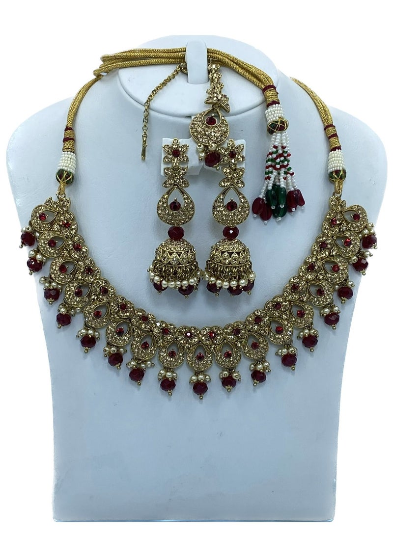 GOHONA GOHONA Royal Bling Bollywood Traditional Indian Jewelry Necklace With Earrings Set and 1 Tikka maroon colour  - Image 1