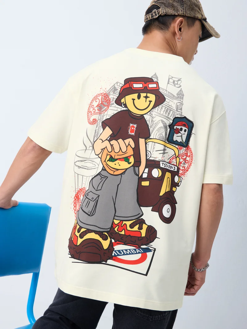 The Souled Store  The Souled Store S.W.SMILEY: In India Men and Boys Short Sleeves Round Neck Off White Graphic Printed India Graphic Oversized T-Shirt for Men | Best Price UAE