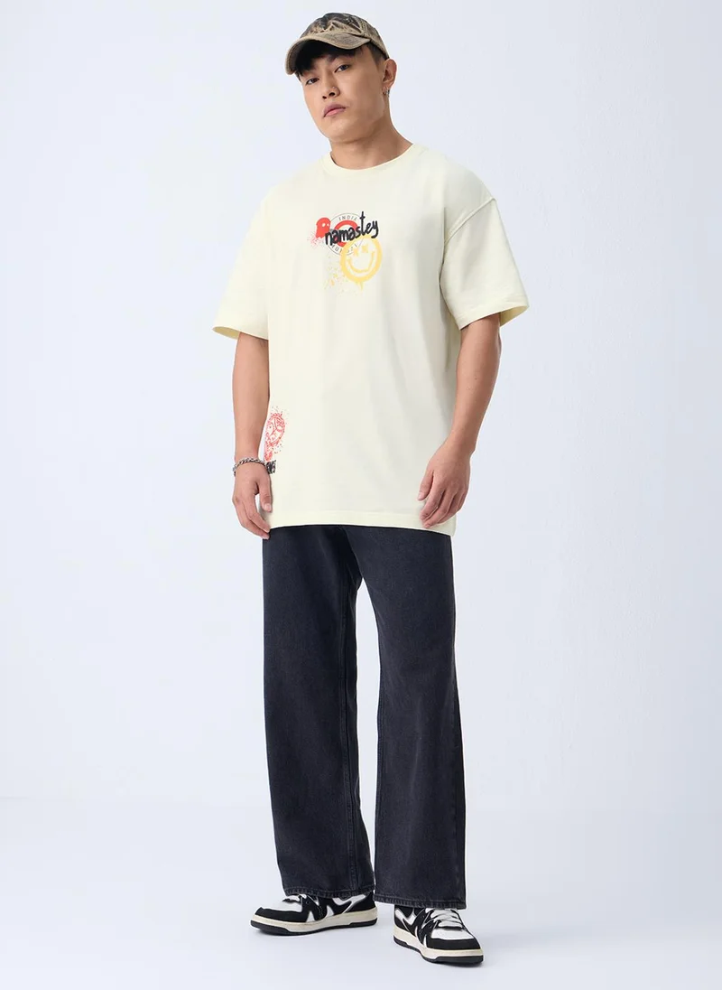 The Souled Store  The Souled Store S.W.SMILEY: In India Men and Boys Short Sleeves Round Neck Off White Graphic Printed India Graphic Oversized T-Shirt for Men | Best Price UAE