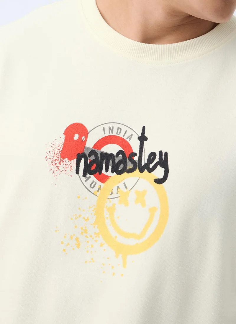 The Souled Store  The Souled Store S.W.SMILEY: In India Men and Boys Short Sleeves Round Neck Off White Graphic Printed India Graphic Oversized T-Shirt for Men | Best Price UAE
