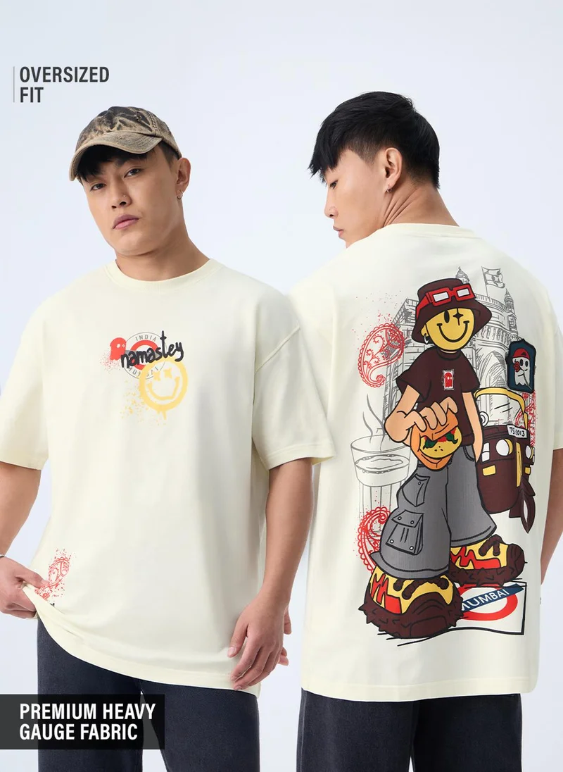 The Souled Store S.W.SMILEY: In India Men and Boys Short Sleeves Round Neck Off White Graphic Printed India Graphic Oversized T-Shirt
