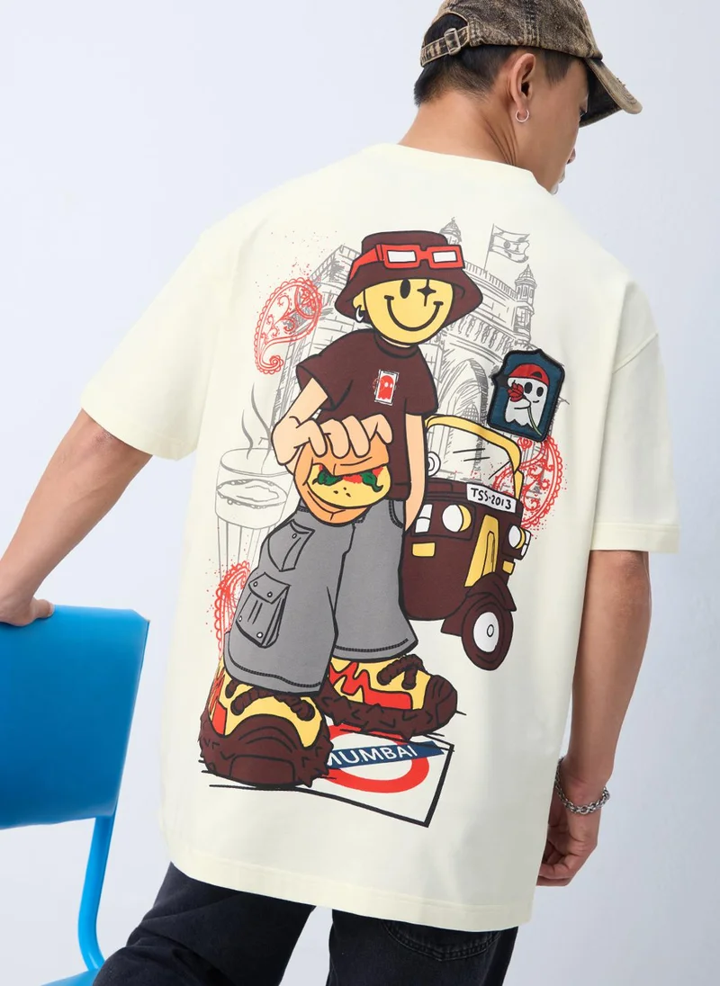 The Souled Store  The Souled Store S.W.SMILEY: In India Men and Boys Short Sleeves Round Neck Off White Graphic Printed India Graphic Oversized T-Shirt for Men | Best Price UAE