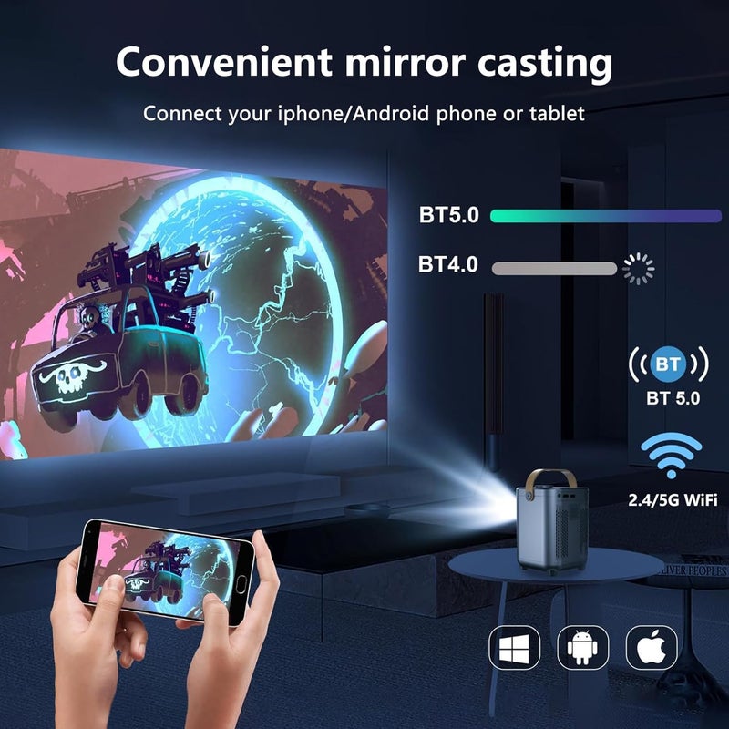 تدوو مشغل فيديو صغير للسينما المنزلية، دقة 1080P HD، يدعم تقنيات 5G وWiFi وBluetooth، مناسب لمشاهدة الأفلام في الهواء الطلق أو للاستخدام في المكتب أو التدريس، يدعم تقنية 4K، يعمل مع أنظمة تشغيل Android TV 10.0، بشاشة حجمها 200 بوصة، متوافق مع أنظمة iOS وAndroid. - Image 4
